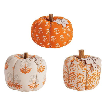 Set of 3 block print fabric stuffed pumpkins in orange and cream floral patterns