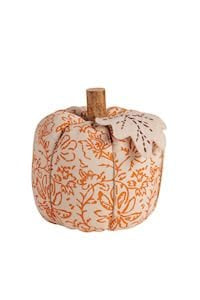 Cream fabric stuffed pumpkin with orange block print floral pattern and wood stem