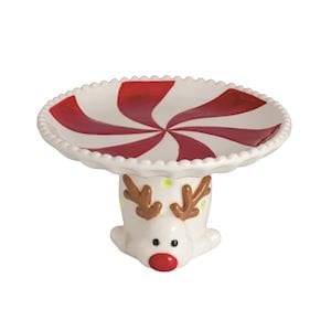 Mudpie reindeer pedestal with red and white peppermint swirl plate top