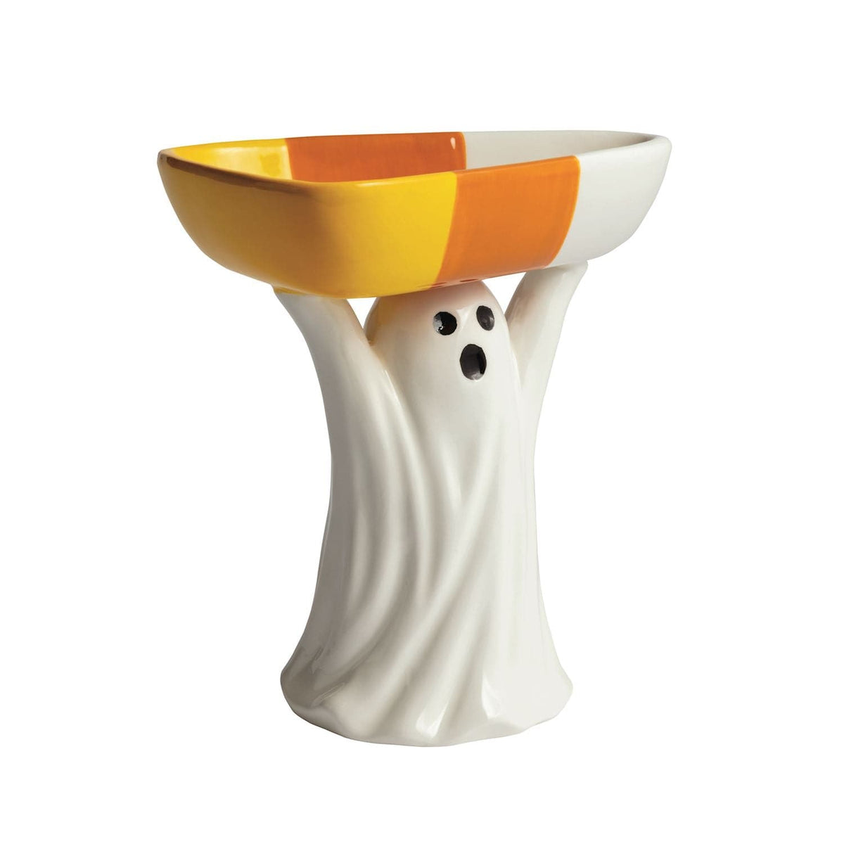 Ceramic ghost figurine holding a candy corn-colored orange and yellow bowl overhead