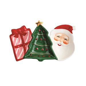 Mudpie ceramic triple tidbit tray with gift, Christmas tree, and Santa sections