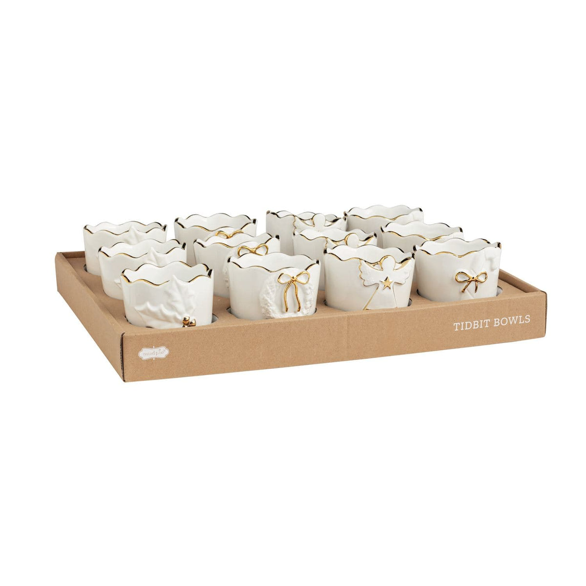 White ceramic tidbit bowls with gold edges, 4 styles, set of 12 in tray