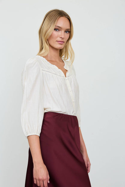 LACE YOKE BUTTON DOWN 3/4 SLEEVE TOP