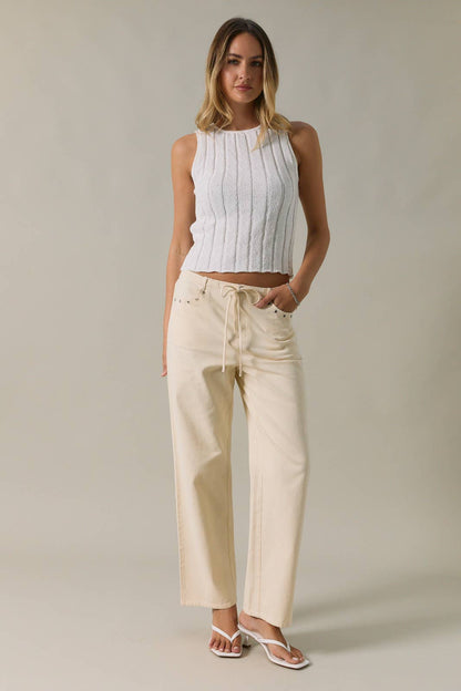Midi Rise Ties On Waist Eyelet Trim Straight Fit Twill Pants