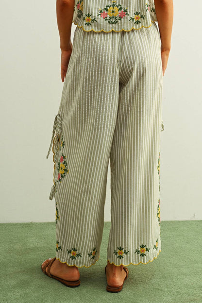 Floral Striped Embroidery Pants