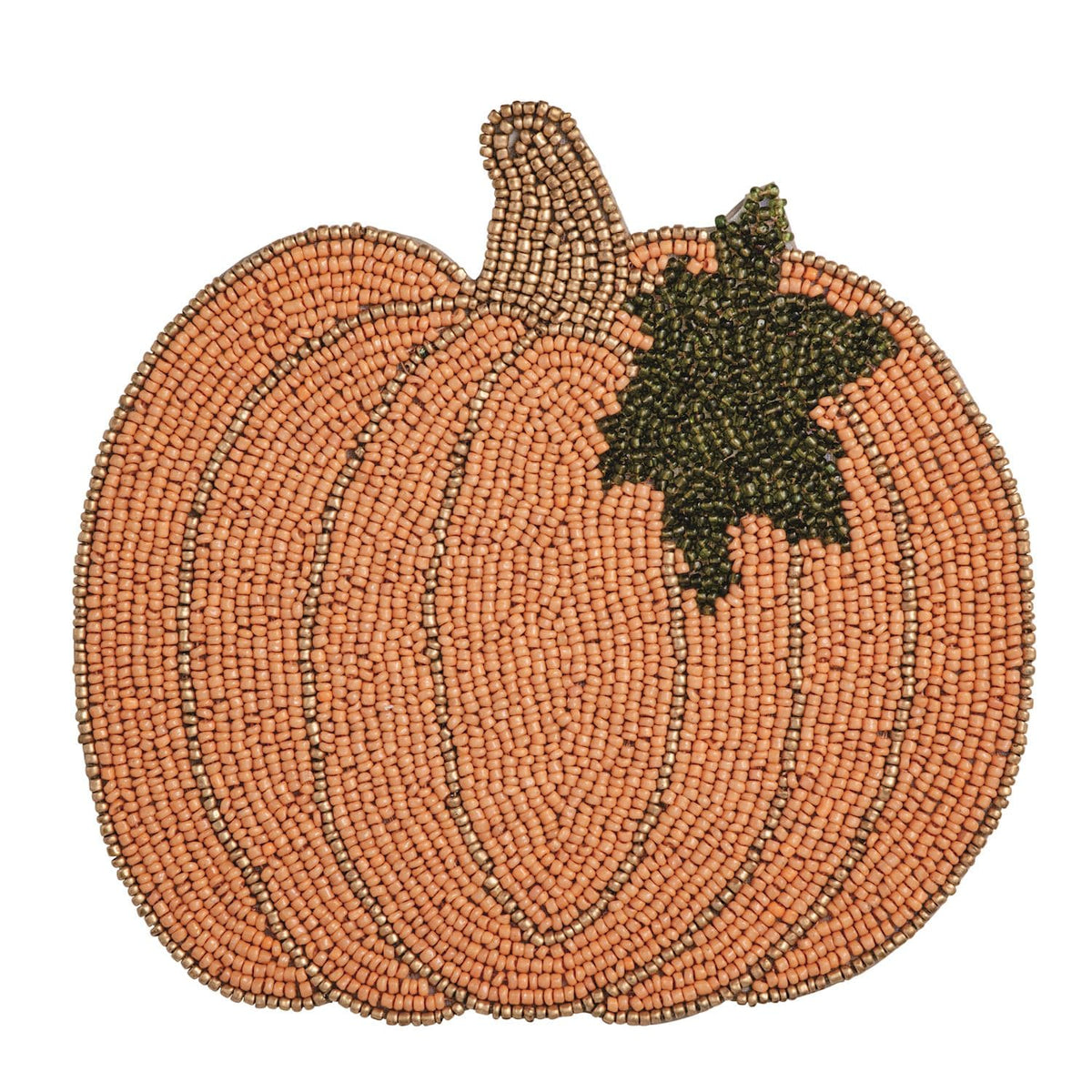 Mud Pie orange and gold beaded pumpkin trivet with green leaf detail