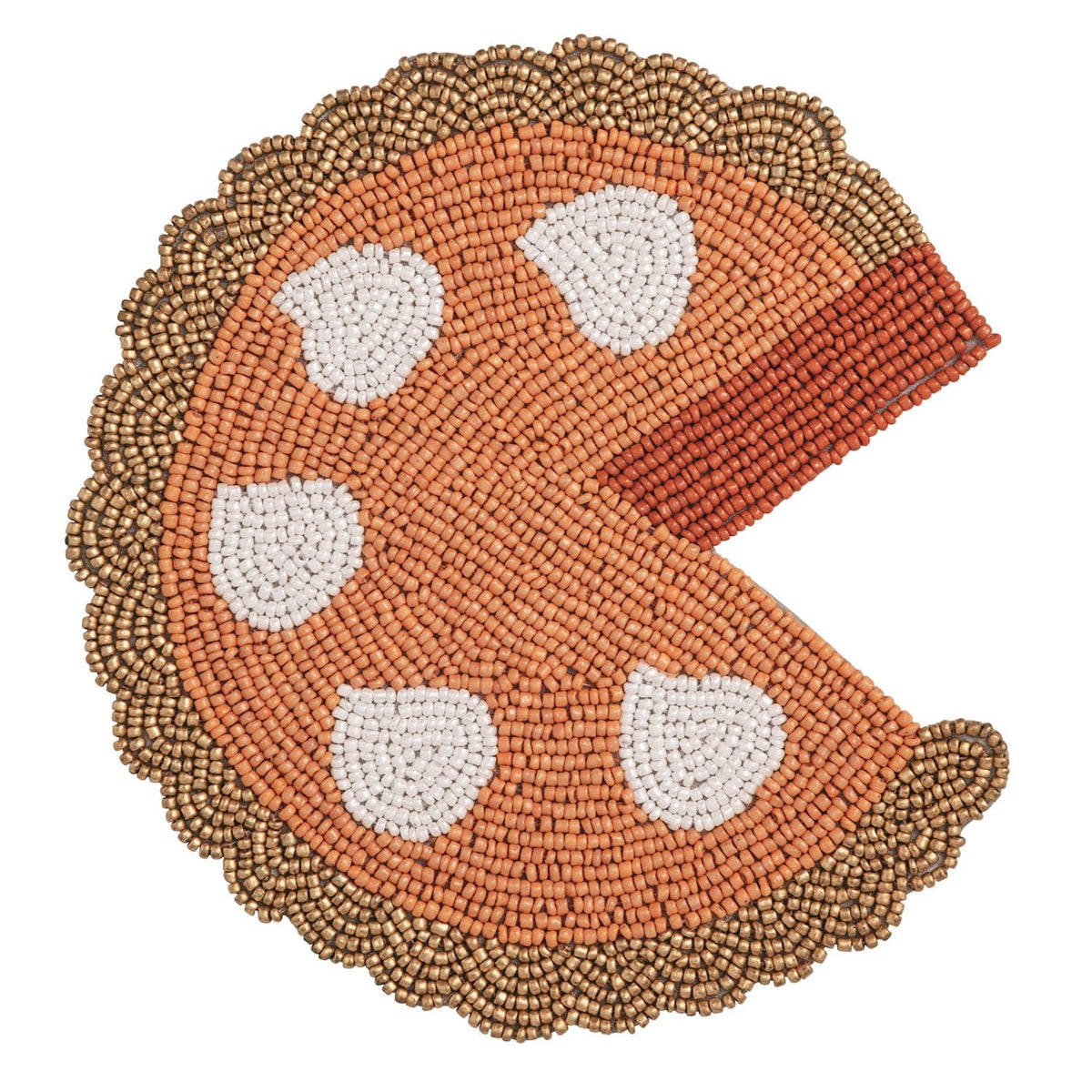 Beaded pie trivet in orange and white with gold scalloped border