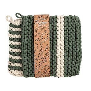 Crocheted green and ivory striped pot holder set with leather band wrap