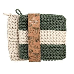 Crocheted pot holder set in hunter green and white stripes, set of two