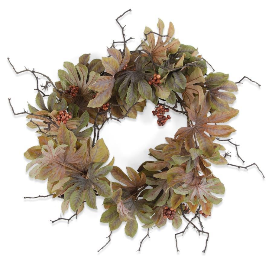 24-inch fall wreath with green and burgundy leaves, twigs, and rust-colored berries