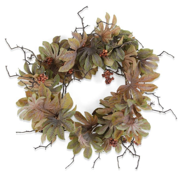 24-inch fall wreath with green and burgundy leaves, twigs, and rust-colored berries