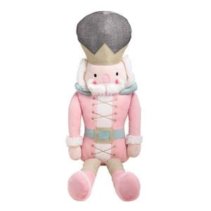 Large pink plush nutcracker toy with gray crown and mint green accents