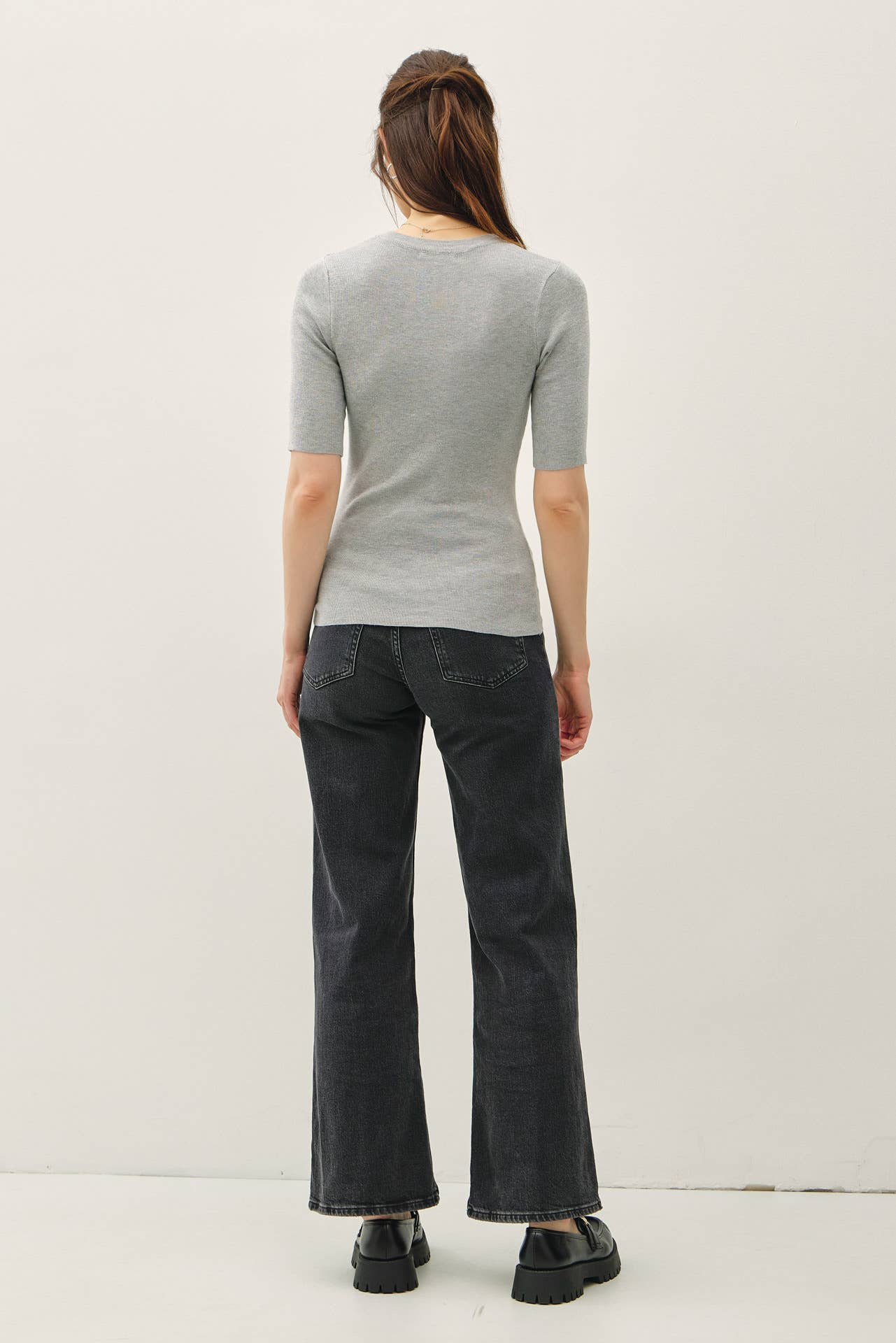 CLASSIC SOLID HALF SLEEVE RIB KNIT TOP