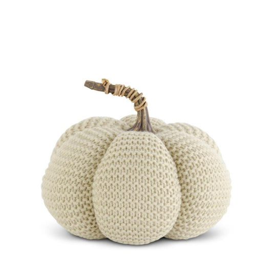 Cream knitted fabric pumpkin decoration with natural twig stem, 7 inch