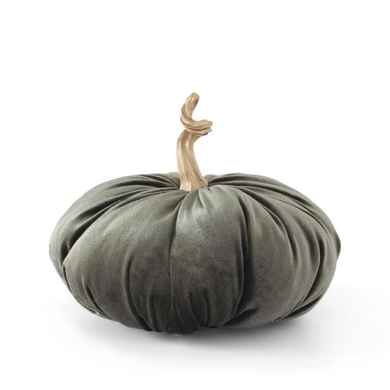 Green velvet stuffed pumpkin decoration with twisted gold stem, 7.5 inch