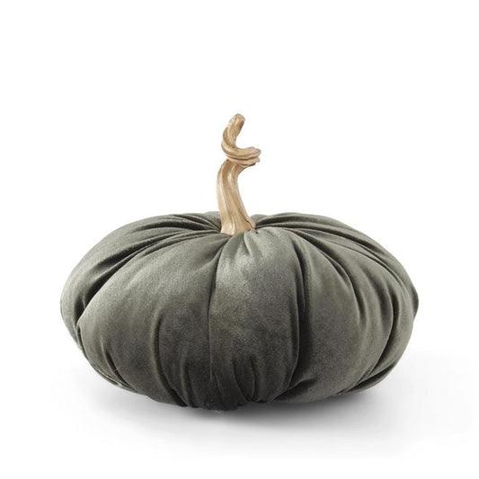 Green velvet stuffed pumpkin decoration with twisted gold stem, 7.5 inch