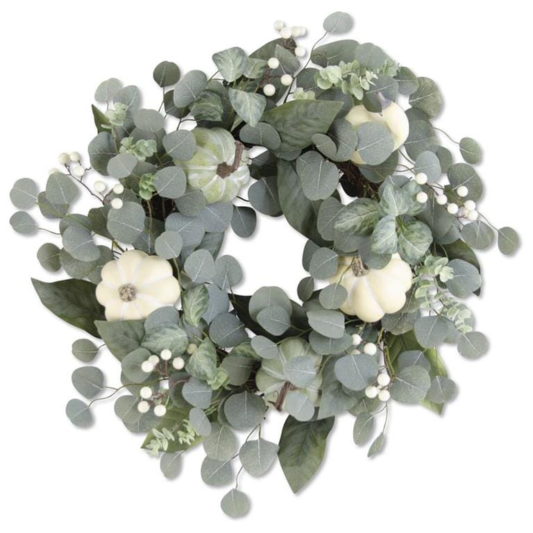 27-inch artificial eucalyptus wreath with cream white pumpkins and berry accents