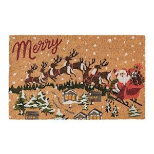 Coir doormat with Santa sleigh reindeer holiday scene and Merry text