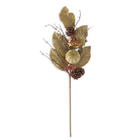 Artificial sage green magnolia stem with pumpkins, pinecones, berries, and twigs