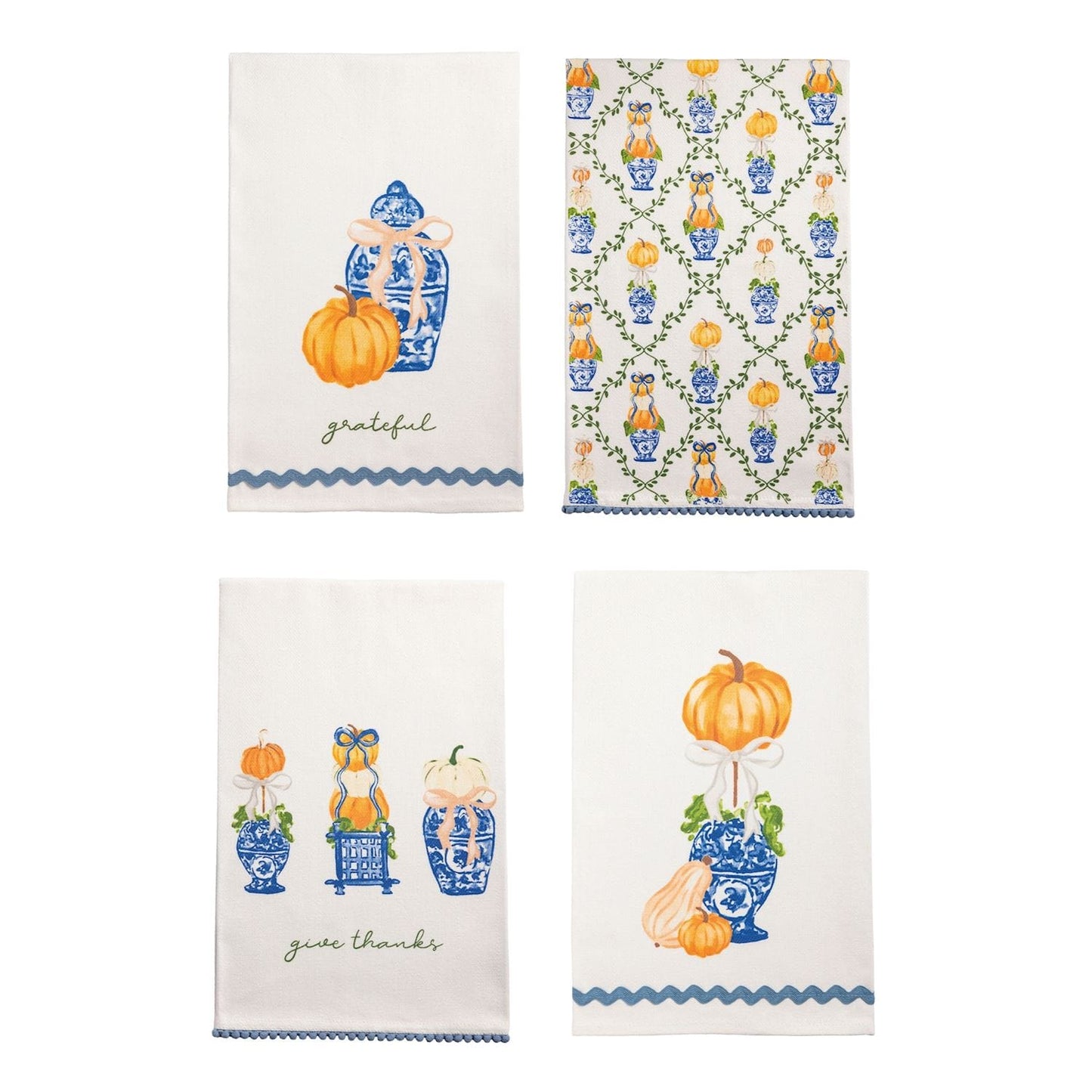 Set of 4 white kitchen towels with blue and orange pumpkin topiary designs
