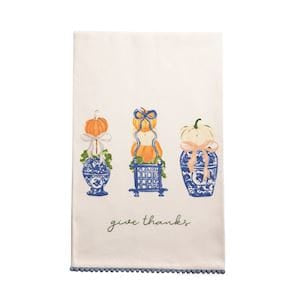 Cream kitchen towel with blue chinoiserie vases, pumpkin topiaries, and give thanks script