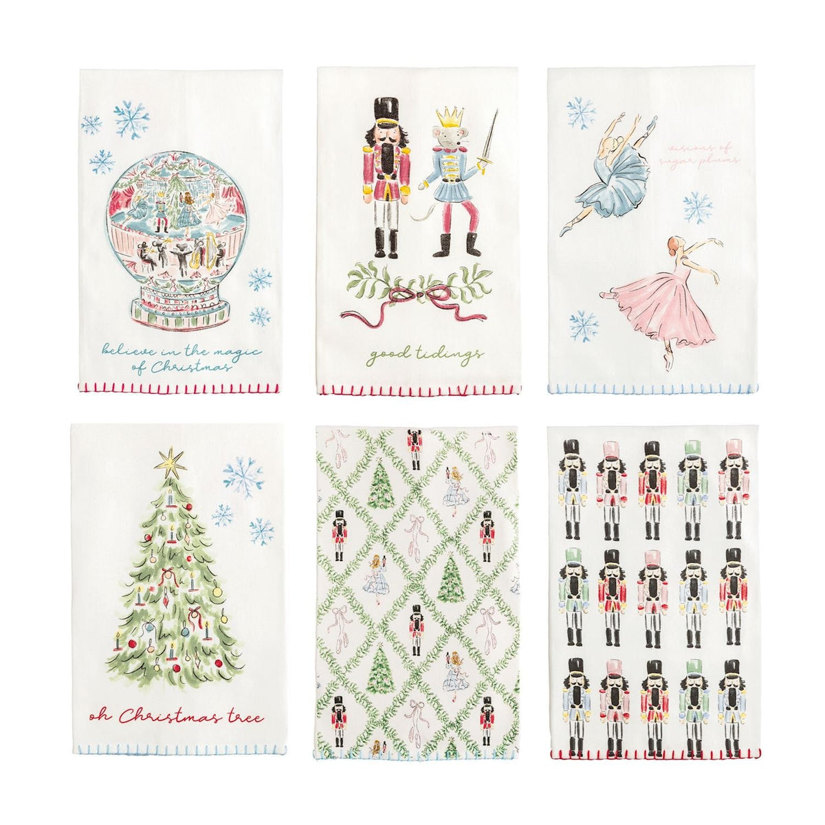 Set of 6 Nutcracker-themed white cotton kitchen towels with holiday illustrations