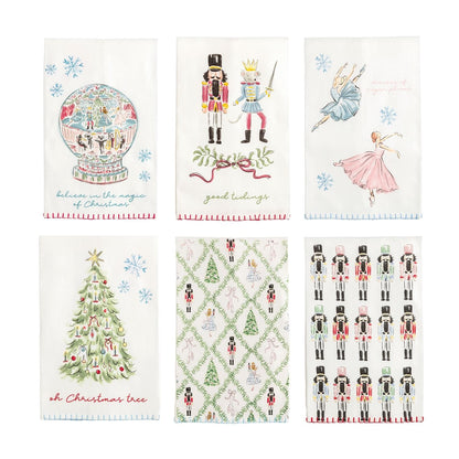 Set of 6 Nutcracker-themed white cotton kitchen towels with holiday illustrations