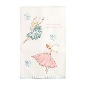 White cotton towel with two ballet dancers and blue snowflakes, Dreams of Sugar Plums text