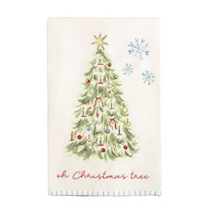 Cream cotton hand towel with painted Christmas tree and oh Christmas tree text