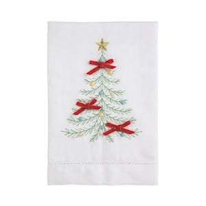 White embroidered holiday towel with Christmas tree, red bows, and gold star topper