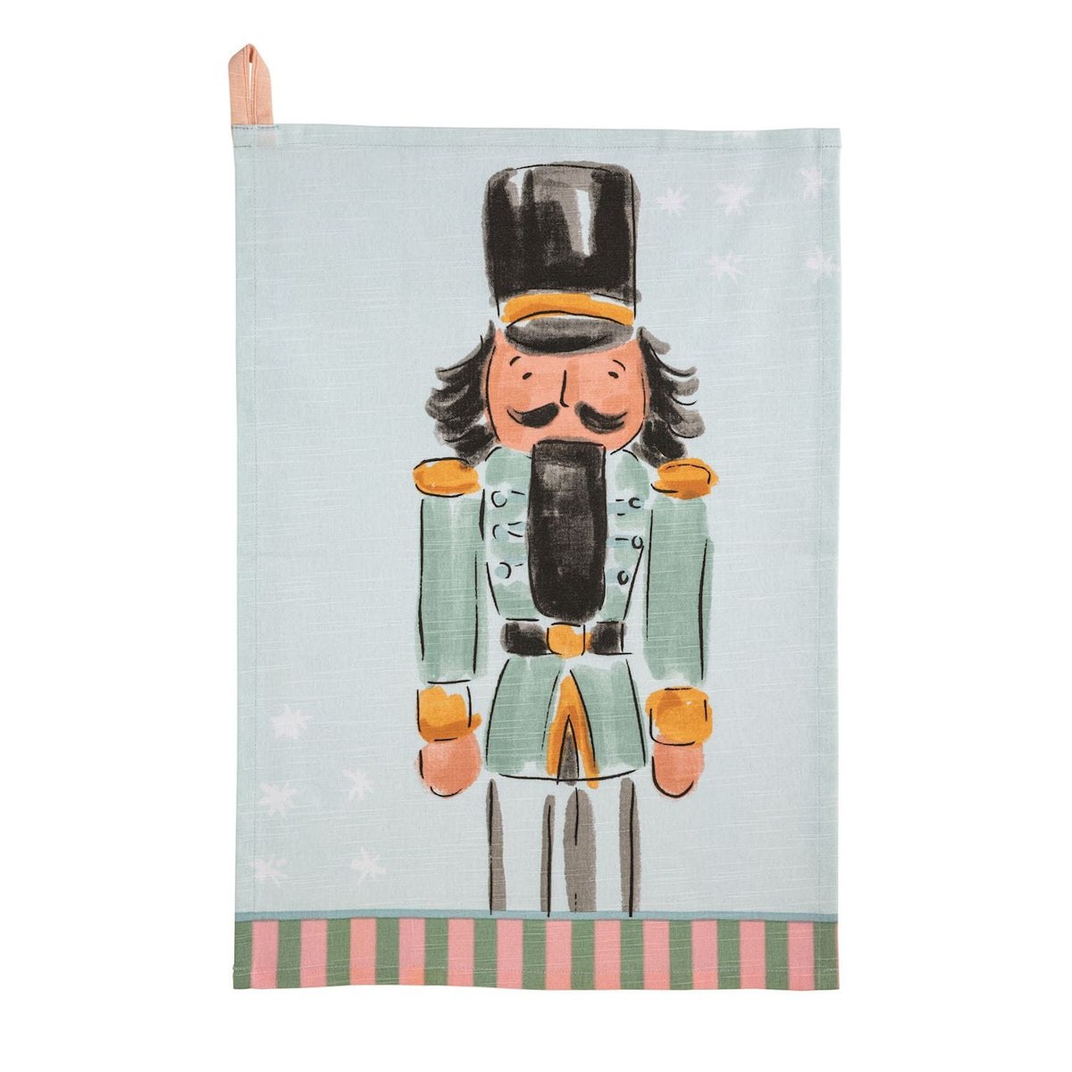 Mudpie light blue linen tea towel with illustrated nutcracker soldier and striped border