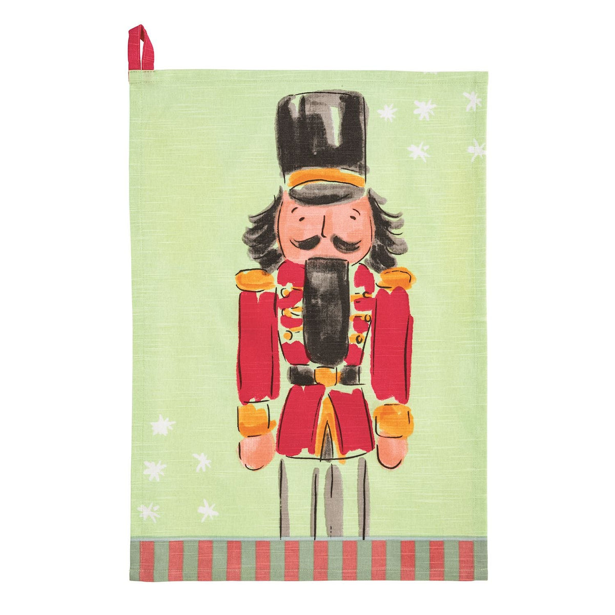 Mudpie green linen tea towel with nutcracker soldier print and red stripe border