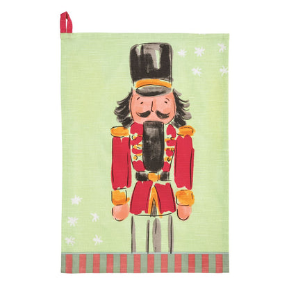 Mudpie green linen tea towel with nutcracker soldier print and red stripe border
