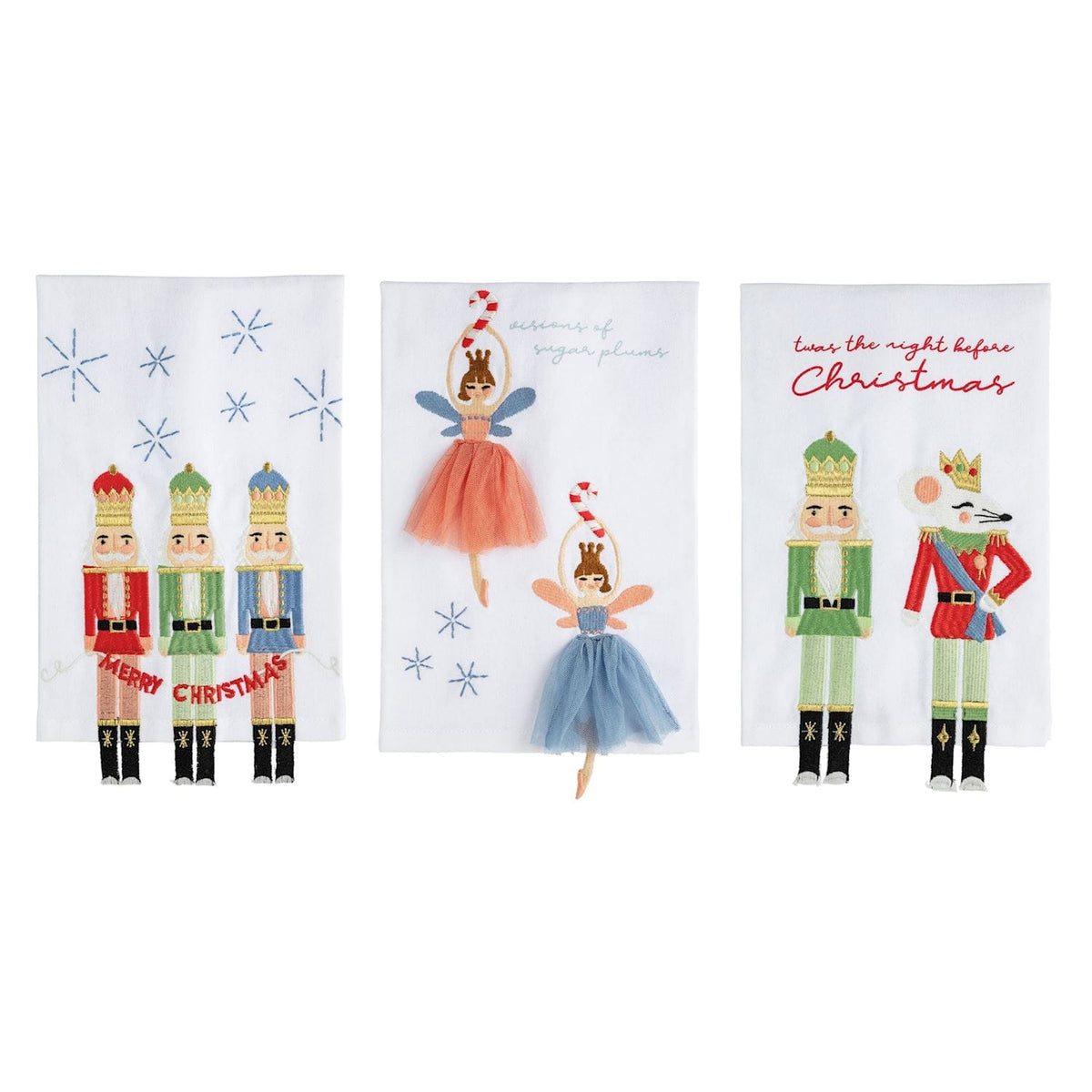 Set of 3 Christmas embroidered kitchen towels featuring nutcrackers and sugar plum fairies