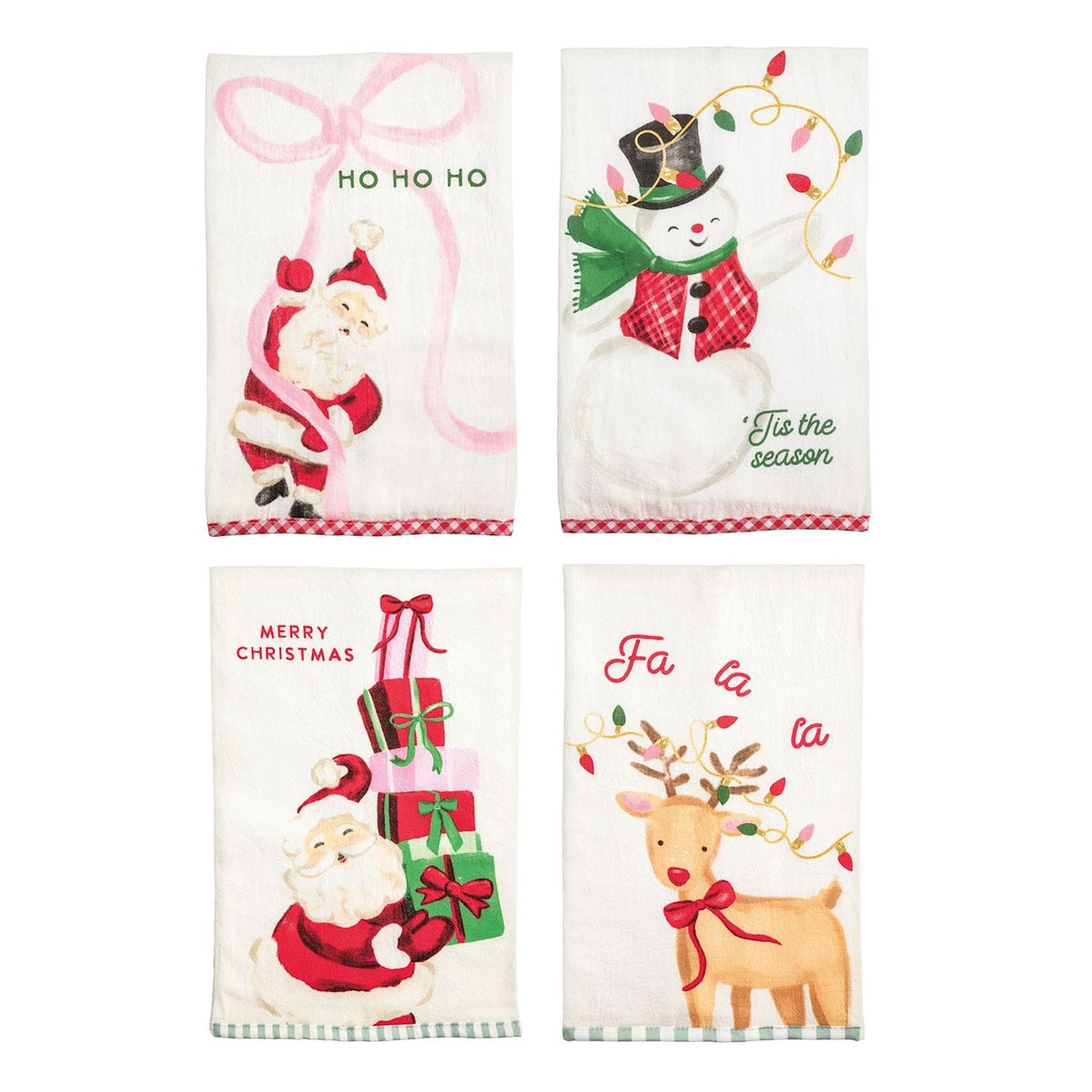 Set of four white Christmas kitchen towels with Santa, snowman, reindeer, and holiday designs