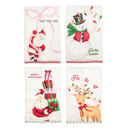 Set of four white Christmas kitchen towels with Santa, snowman, reindeer, and holiday designs