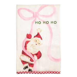 White kitchen towel with Santa Claus, pink ribbon bow, and Ho Ho Ho text
