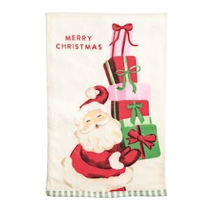 Mudpie cream cotton kitchen towel with retro Santa holding stacked Christmas gifts