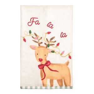 Mudpie white Christmas kitchen towel with reindeer, colorful lights, and Fa La La text