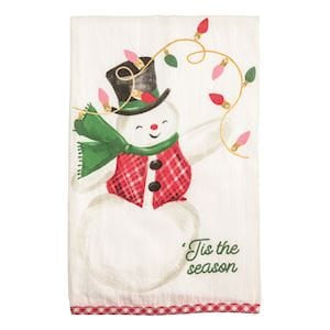 White kitchen towel with vintage snowman holding Christmas lights, 'Tis the Season text