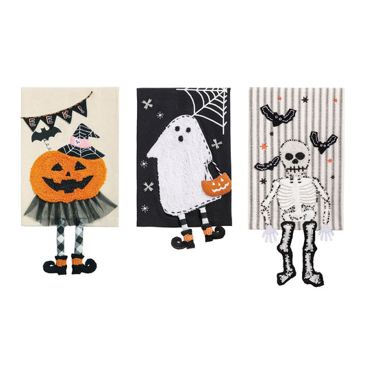 Halloween dangle leg kitchen towels featuring pumpkin, ghost, and skeleton designs