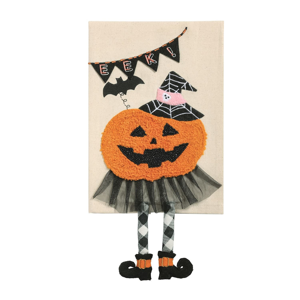 Mud Pie Halloween linen hand towel with jack-o-lantern, witch hat, tutu, and dangle legs