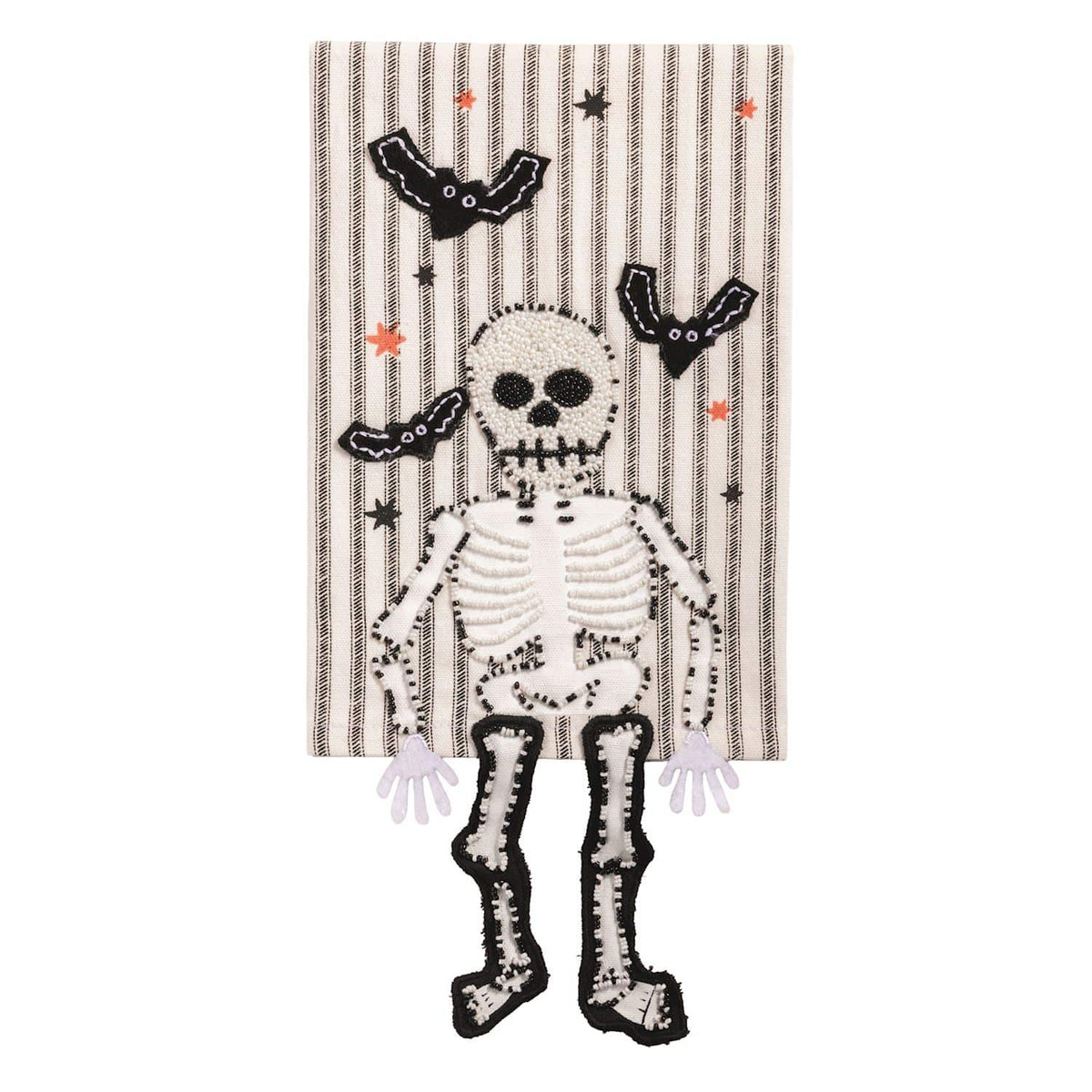 Striped Halloween hand towel with beaded skeleton and bat appliqués, dangle legs