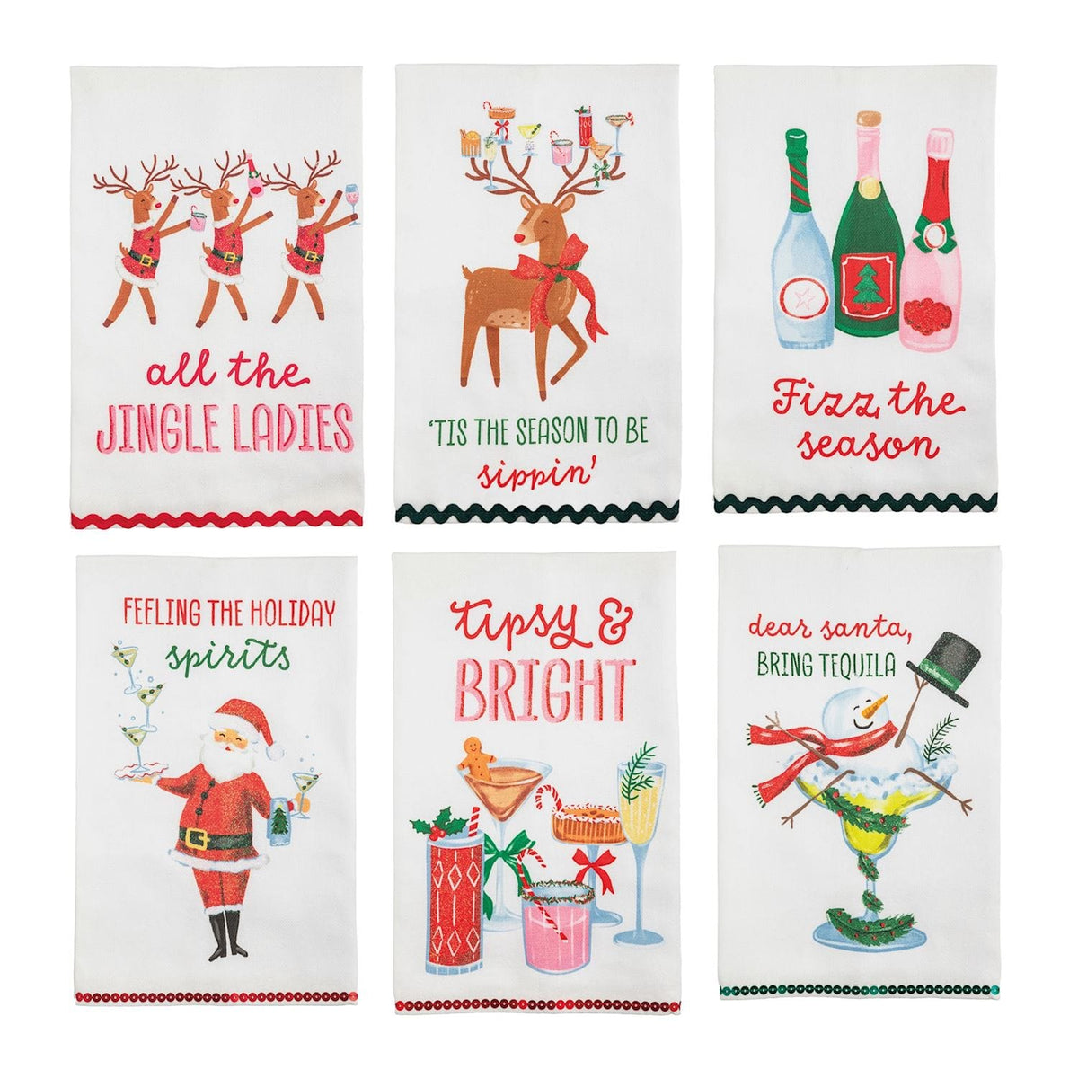 Set of 6 white holiday kitchen towels with glitter Christmas bar humor designs