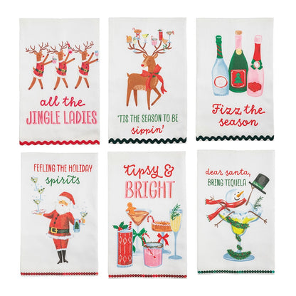 Set of 6 white holiday kitchen towels with glitter Christmas bar humor designs
