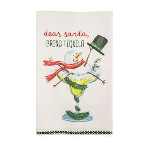 White kitchen towel with snowman in margarita glass, Dear Santa Bring Tequila text