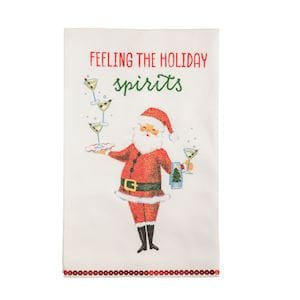 White kitchen towel with Santa holding martinis and holiday spirits text