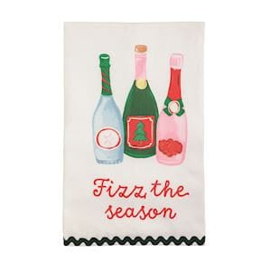 Mud Pie white kitchen towel with three champagne bottles and Fizz the Season text