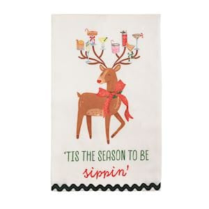 White holiday kitchen towel with reindeer holding cocktails, 'Tis the Season to Sippin'