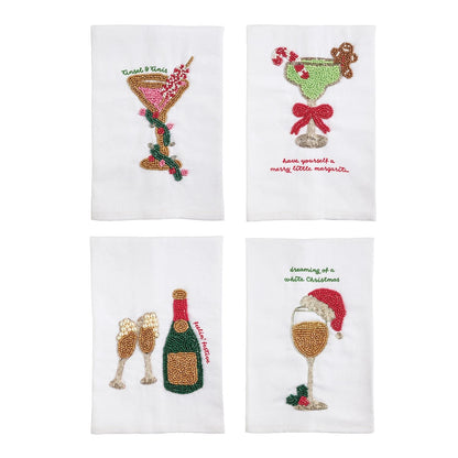 Four white cotton Christmas bar towels with beaded cocktail designs including martini, margarita, champagne, and wine